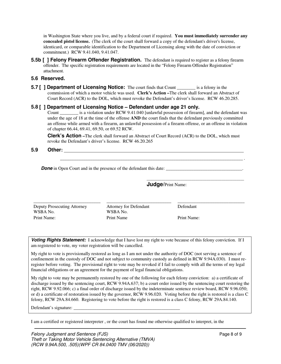 Form WPF CR84.0400 TMV Felony Judgment and Sentence - Theft or Taking of a Motor Vehicle - Washington, Page 8