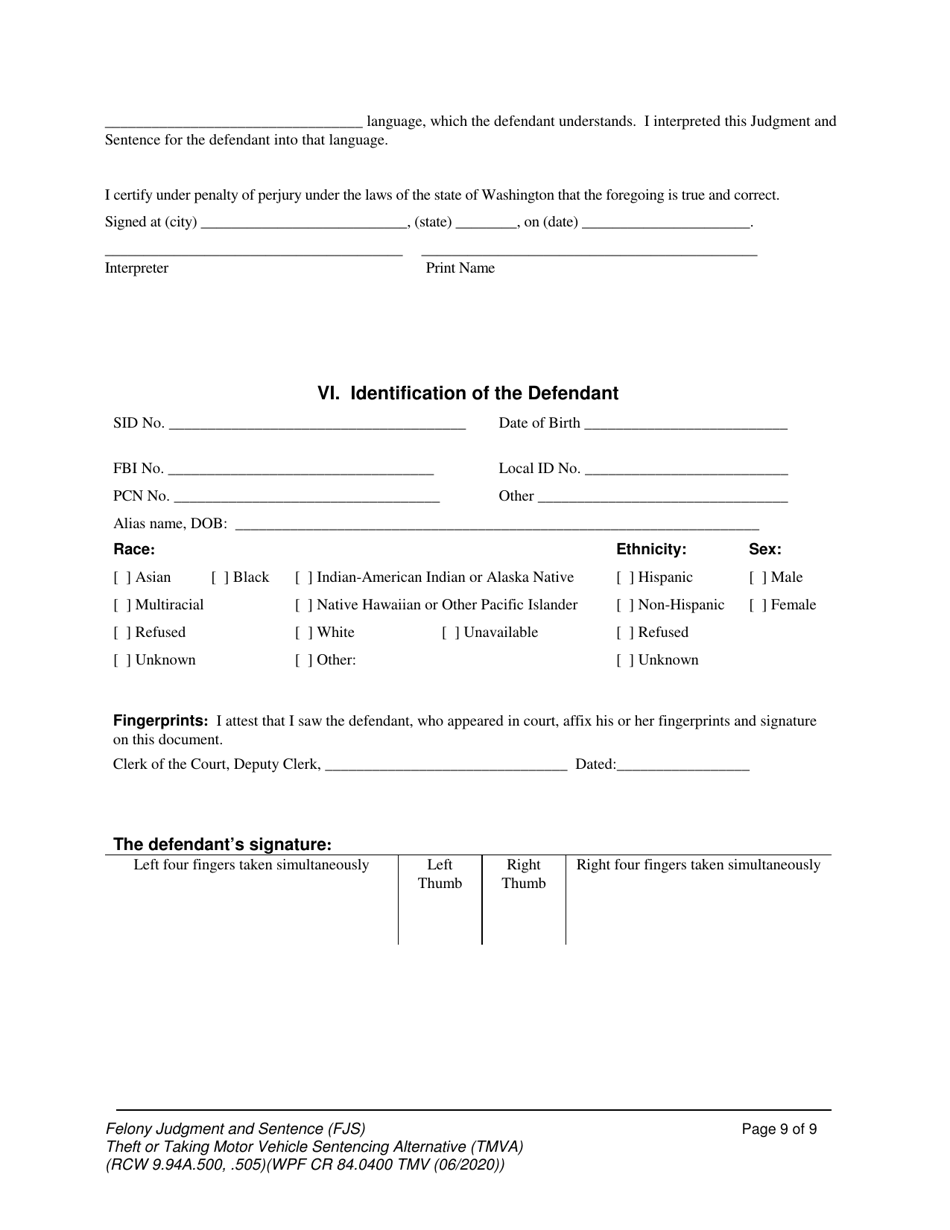 Form WPF CR84.0400 TMV Felony Judgment and Sentence - Theft or Taking of a Motor Vehicle - Washington, Page 9