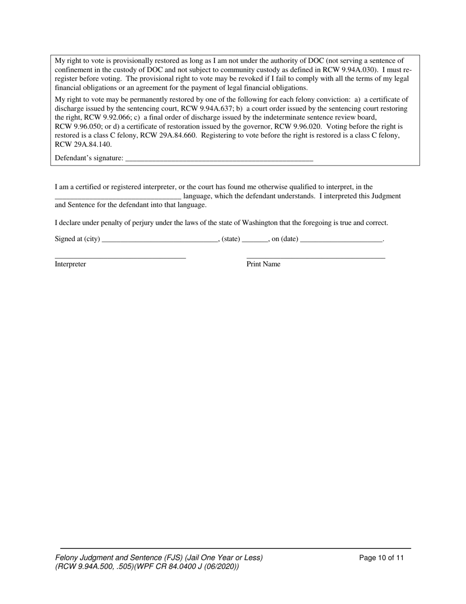 Form WPF CR84.0400 J Felony Judgment and Sentence - Jail One Year or Less - Washington, Page 10