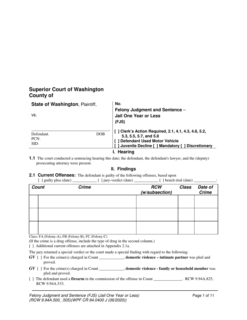 Form WPF CR84.0400 J Felony Judgment and Sentence - Jail One Year or Less - Washington, Page 1