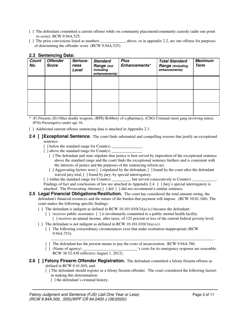 Form WPF CR84.0400 J Felony Judgment and Sentence - Jail One Year or Less - Washington, Page 3