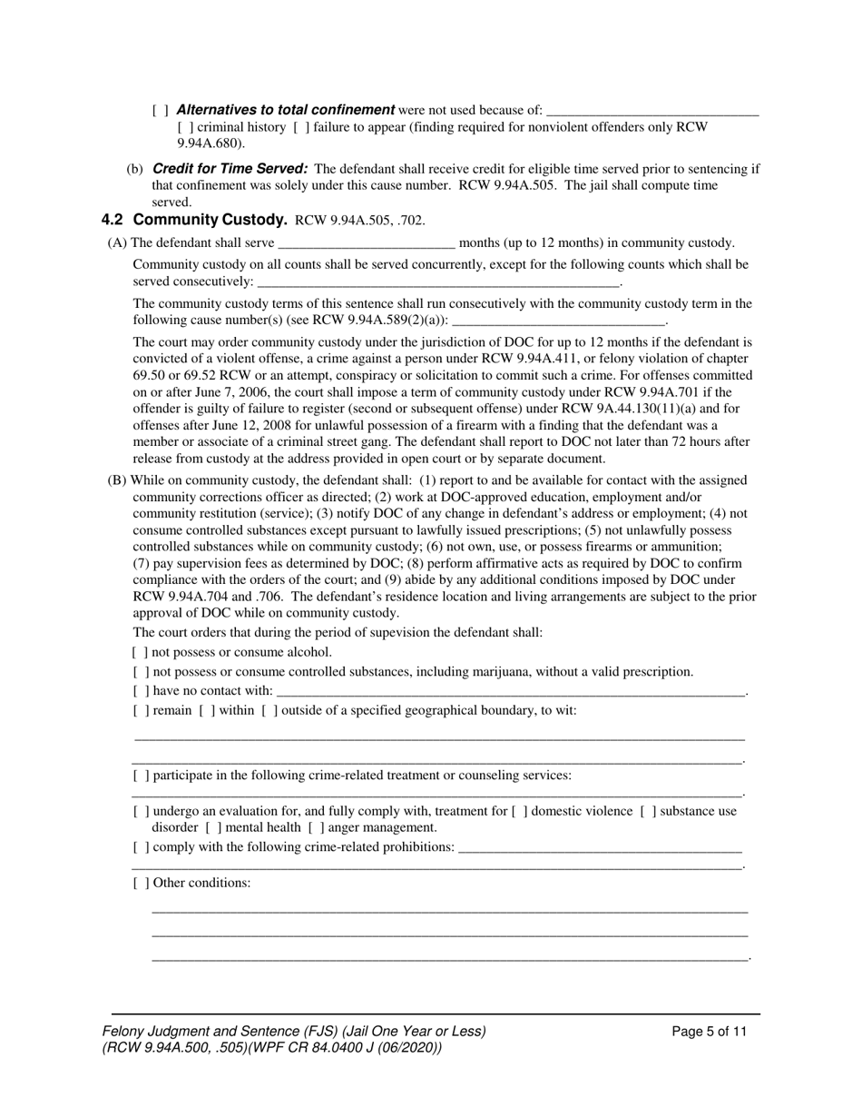 Form WPF CR84.0400 J Felony Judgment and Sentence - Jail One Year or Less - Washington, Page 5