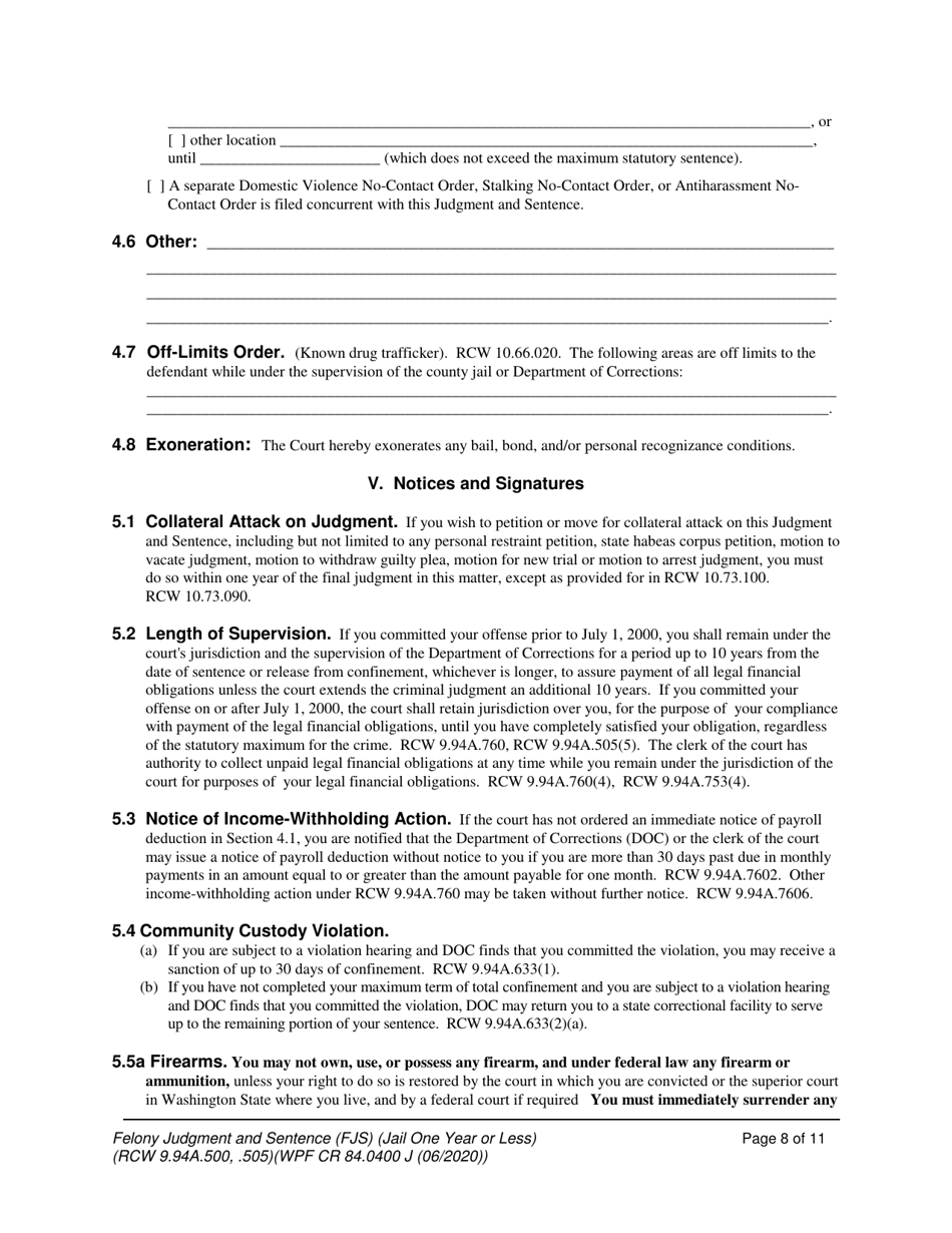 Form WPF CR84.0400 J Felony Judgment and Sentence - Jail One Year or Less - Washington, Page 8