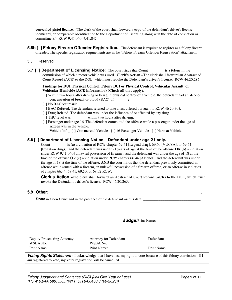 Form WPF CR84.0400 J Felony Judgment and Sentence - Jail One Year or Less - Washington, Page 9