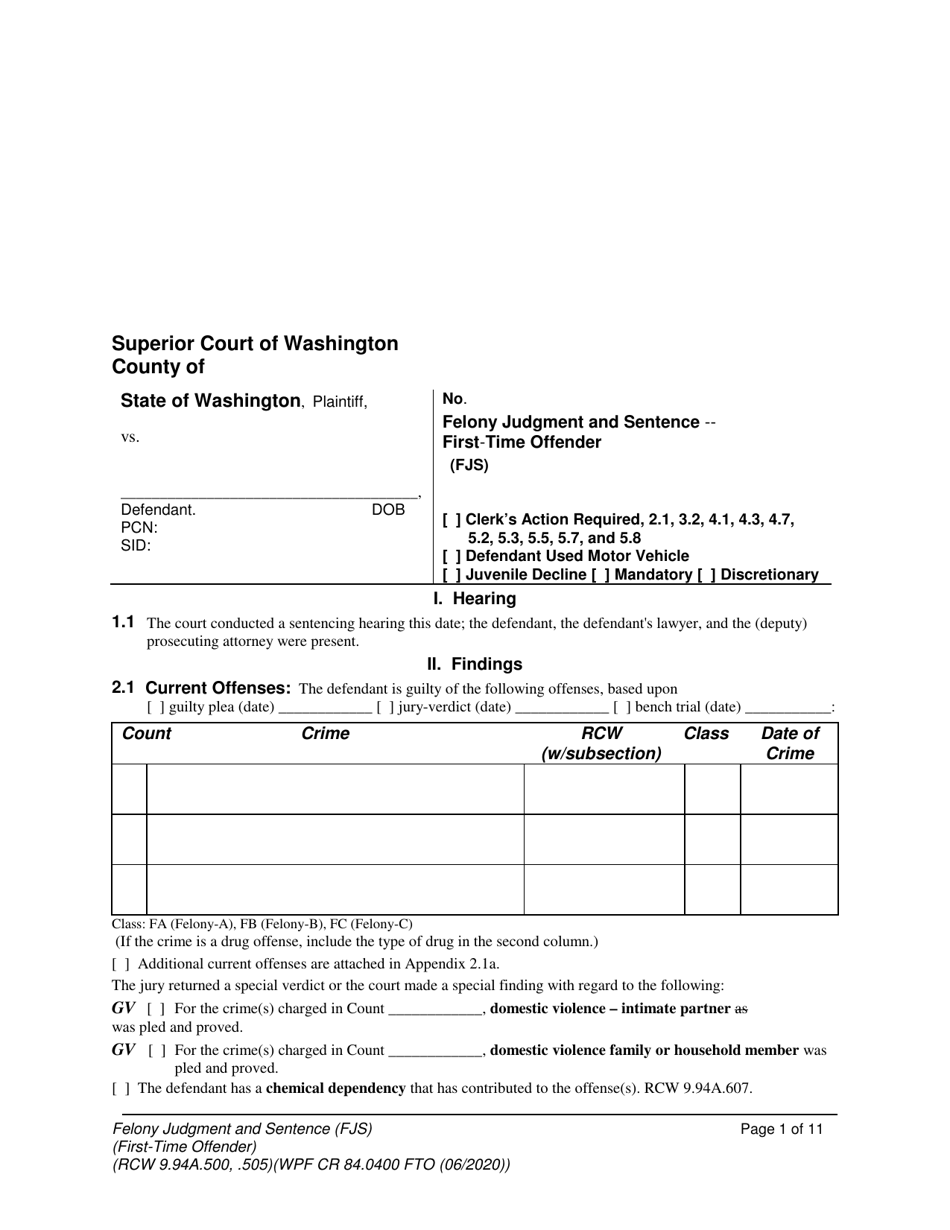 Form WPF CR84.0400 FTO Felony Judgment and Sentence - First-Time Offender - Washington, Page 1