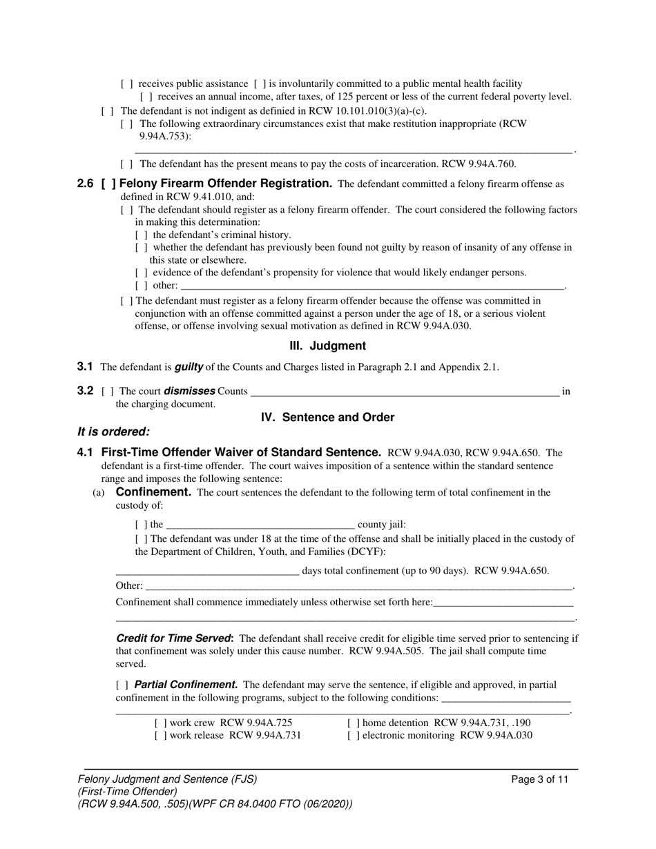 Form WPF CR84.0400 FTO Felony Judgment and Sentence - First-Time Offender - Washington, Page 3
