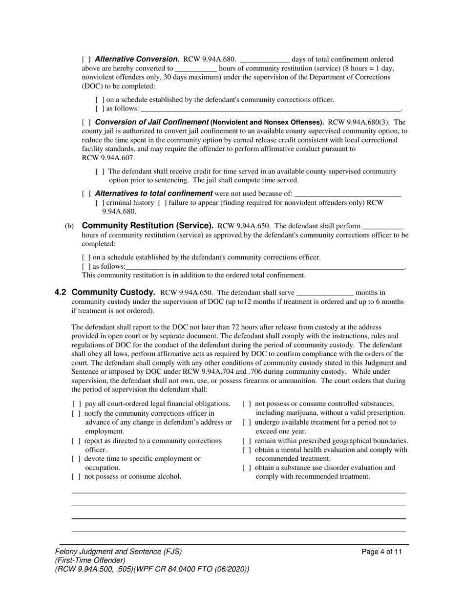 Form WPF CR84.0400 FTO Felony Judgment and Sentence - First-Time Offender - Washington, Page 4