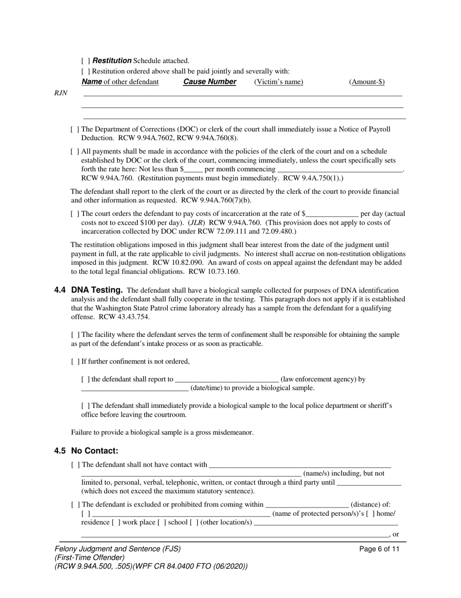 Form WPF CR84.0400 FTO Felony Judgment and Sentence - First-Time Offender - Washington, Page 6