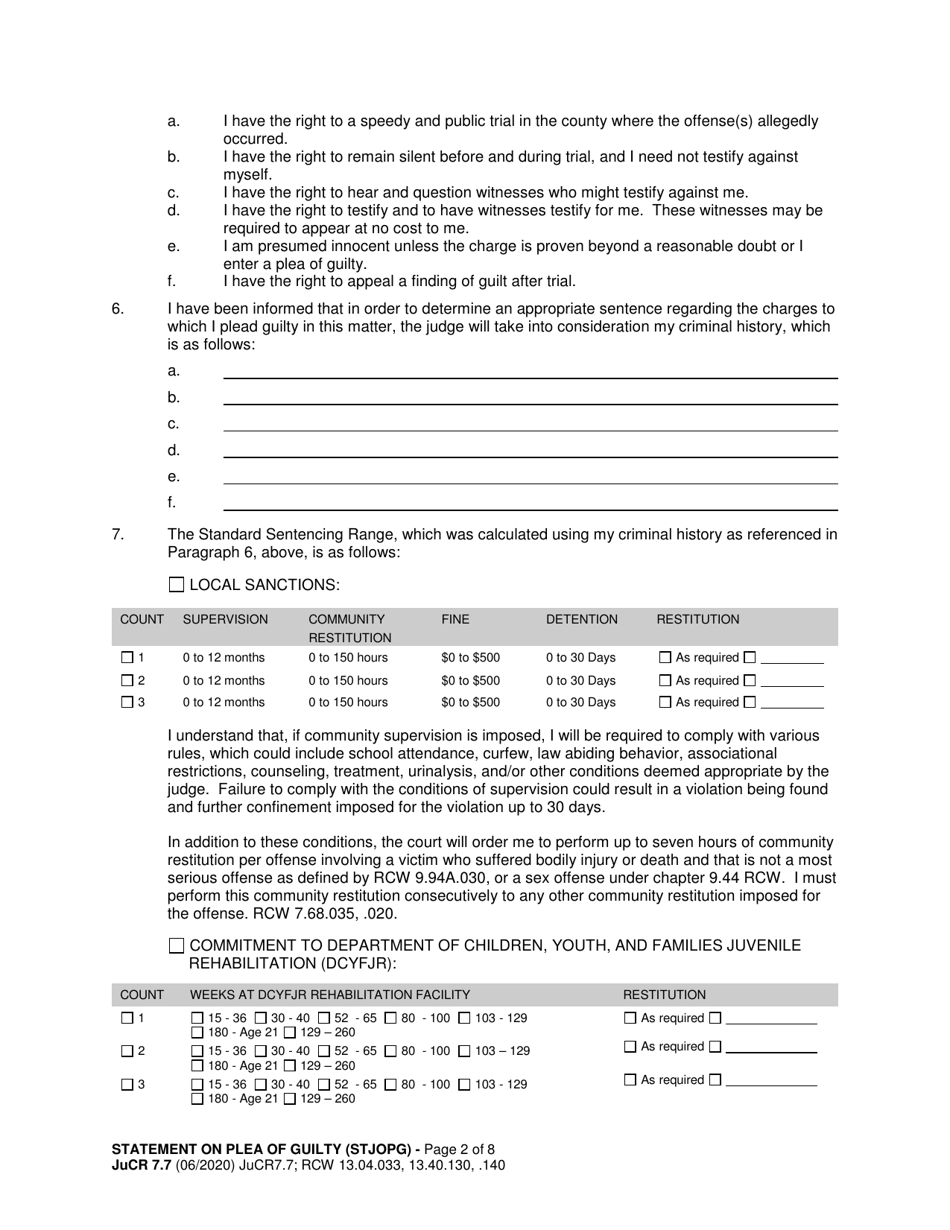 Form JuCR7.7 Statement on Plea of Guilty (Stjopg) - Washington, Page 2