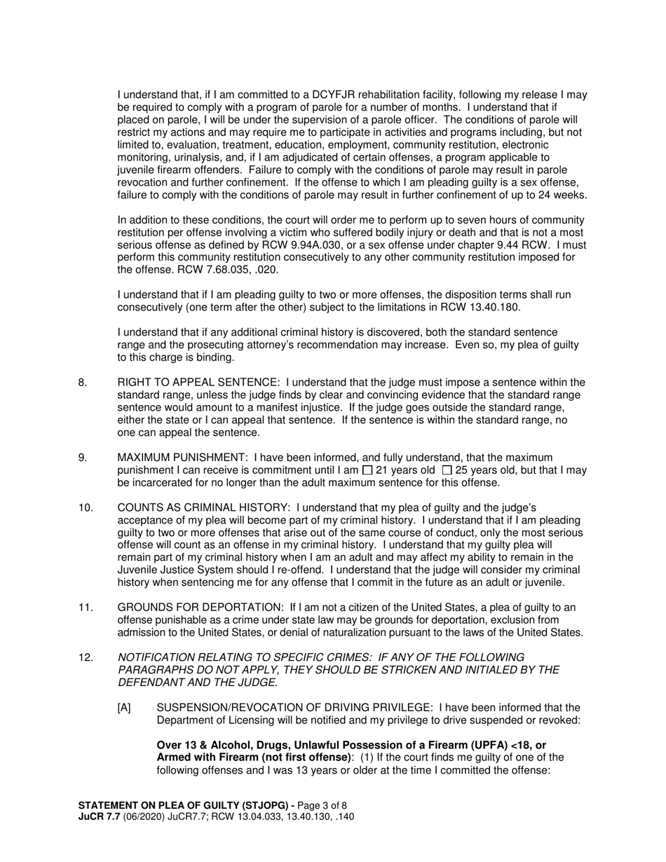 Form JuCR7.7 Statement on Plea of Guilty (Stjopg) - Washington, Page 3