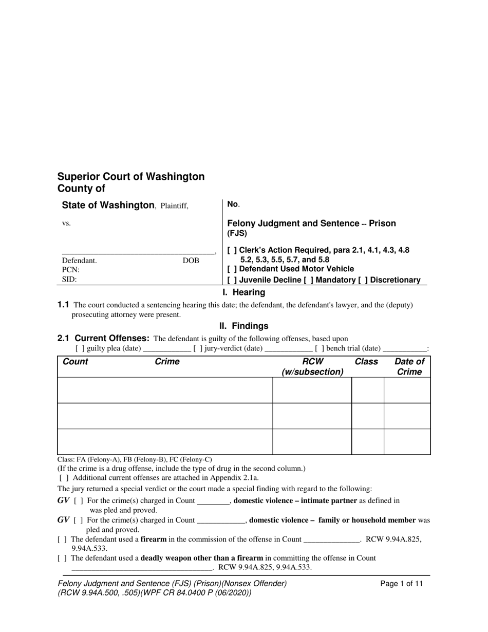 Form WPF CR84.0400 P Felony Judgment and Sentence - Prison (Non-sex Offense) - Washington, Page 1