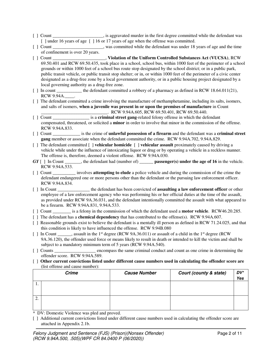 Form WPF CR84.0400 P Felony Judgment and Sentence - Prison (Non-sex Offense) - Washington, Page 2