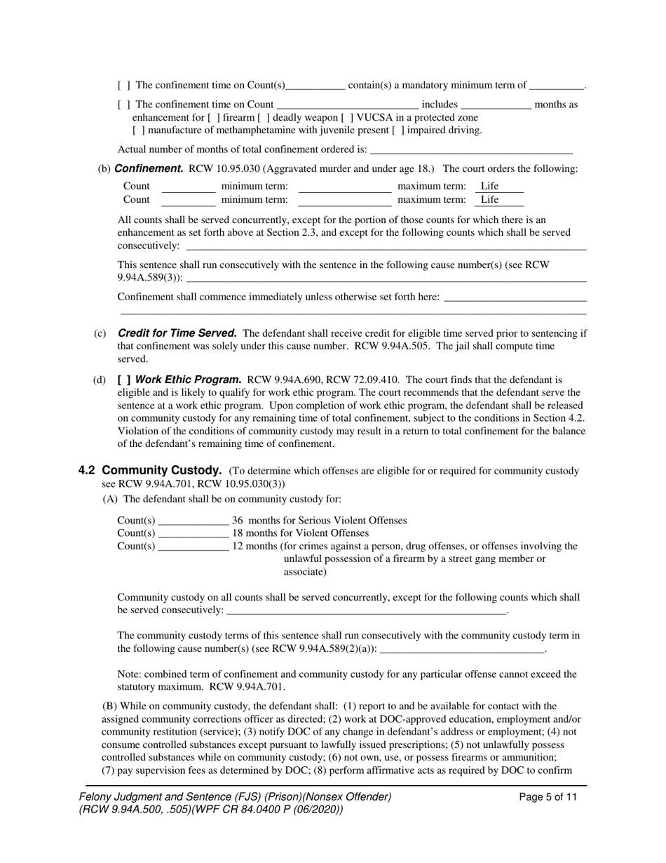 Form WPF CR84.0400 P Felony Judgment and Sentence - Prison (Non-sex Offense) - Washington, Page 5