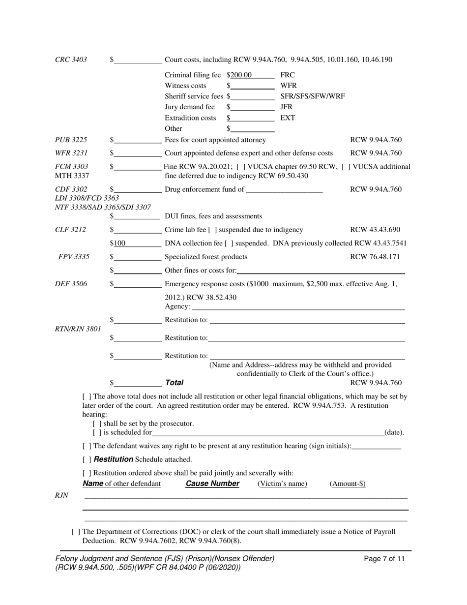 Form WPF CR84.0400 P Felony Judgment and Sentence - Prison (Non-sex Offense) - Washington, Page 7