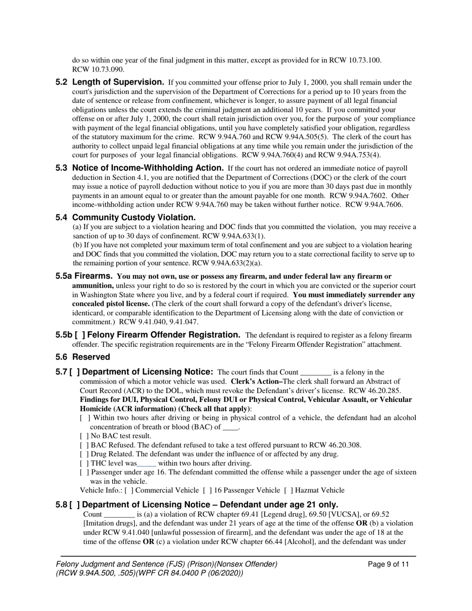 Form WPF CR84.0400 P Felony Judgment and Sentence - Prison (Non-sex Offense) - Washington, Page 9