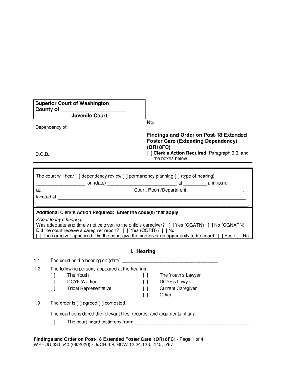 Form WPF JU03.0540 Findings and Order on Post-18 Extended Foster Care (Extending Dependency) (Or18fc) - Washington, Page 1