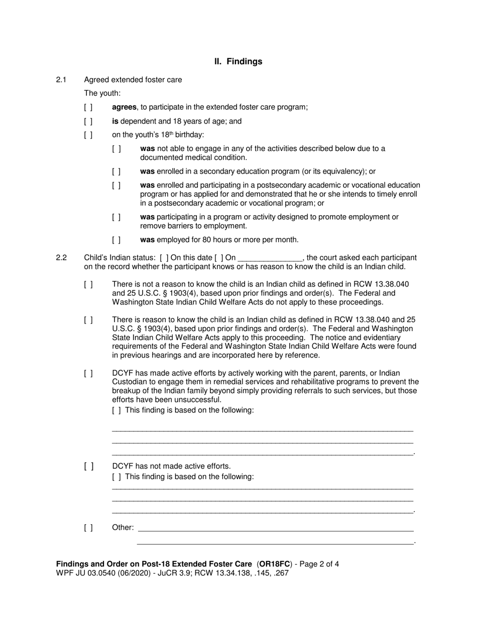 Form WPF JU03.0540 Findings and Order on Post-18 Extended Foster Care (Extending Dependency) (Or18fc) - Washington, Page 2