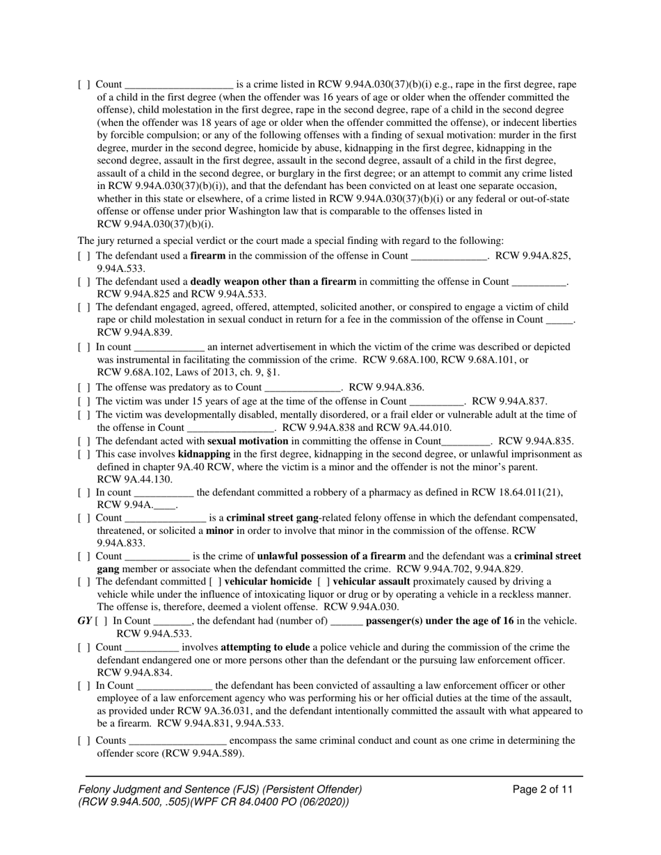 Form WPF CR84.0400 PO Felony Judgment and Sentence - Persistent Offender - Washington, Page 2
