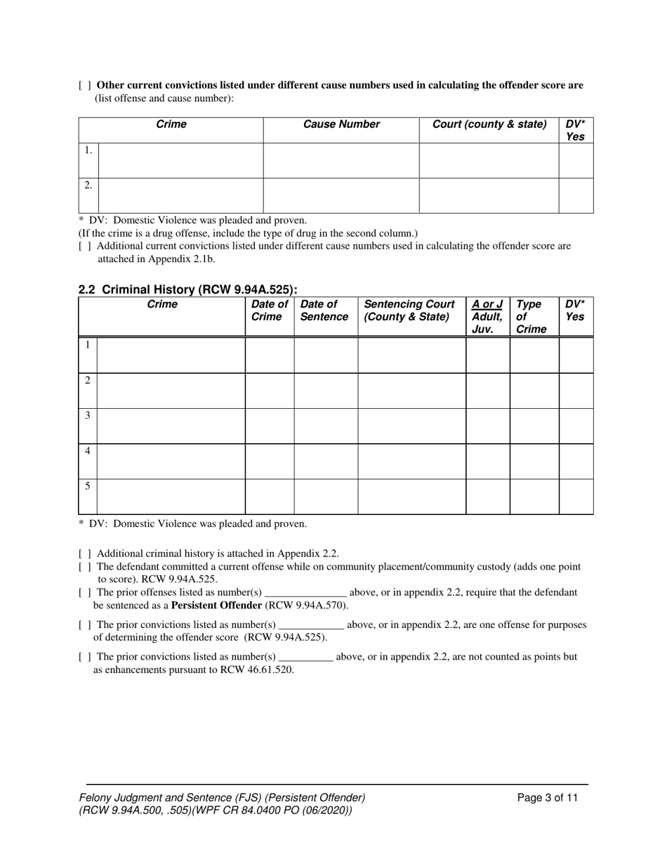 Form WPF CR84.0400 PO Felony Judgment and Sentence - Persistent Offender - Washington, Page 3