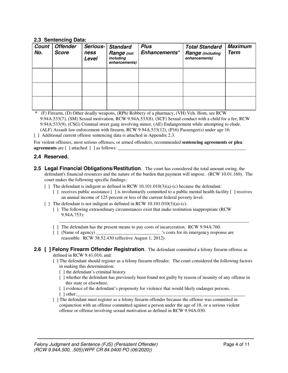 Form WPF CR84.0400 PO Felony Judgment and Sentence - Persistent Offender - Washington, Page 4