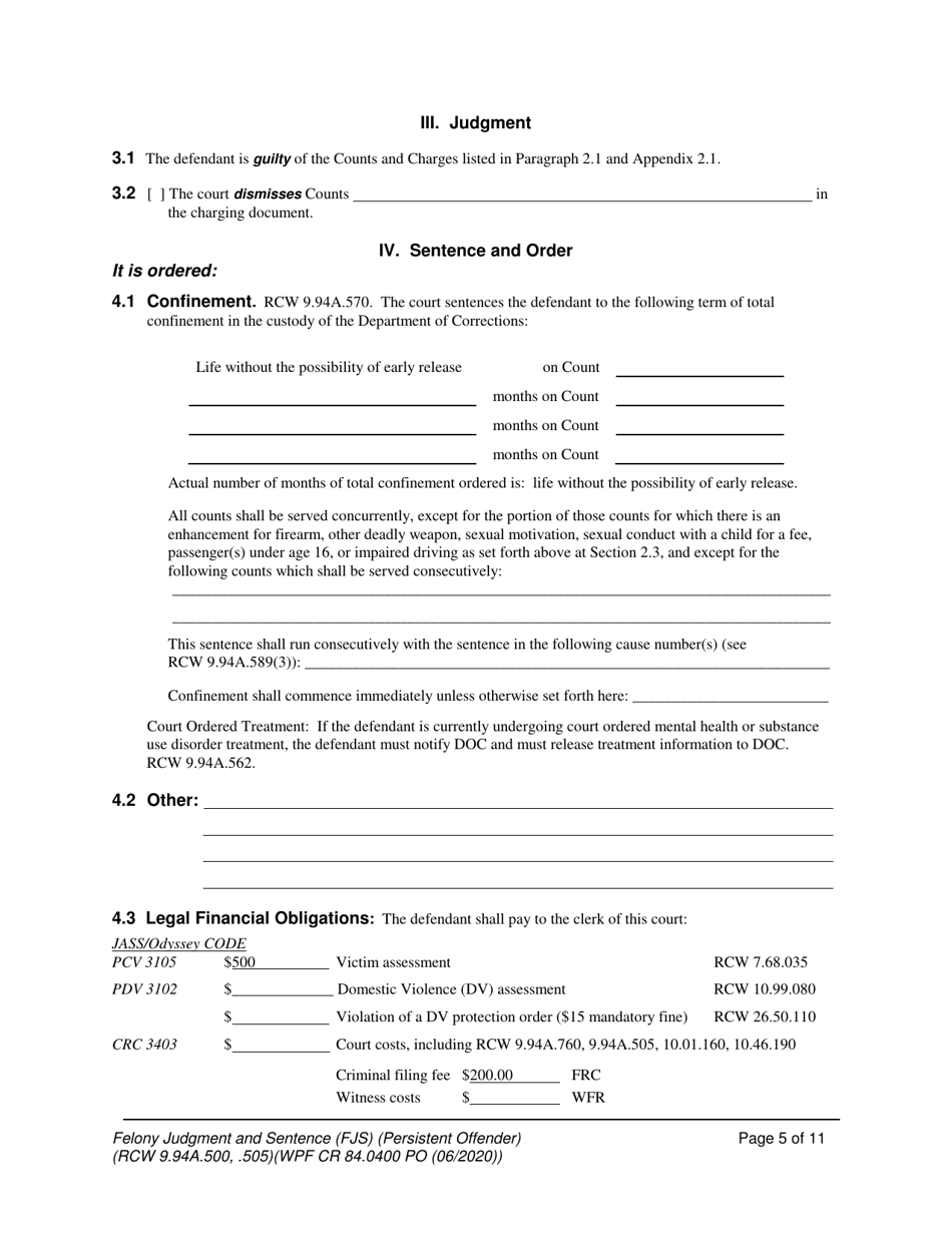Form WPF CR84.0400 PO Felony Judgment and Sentence - Persistent Offender - Washington, Page 5