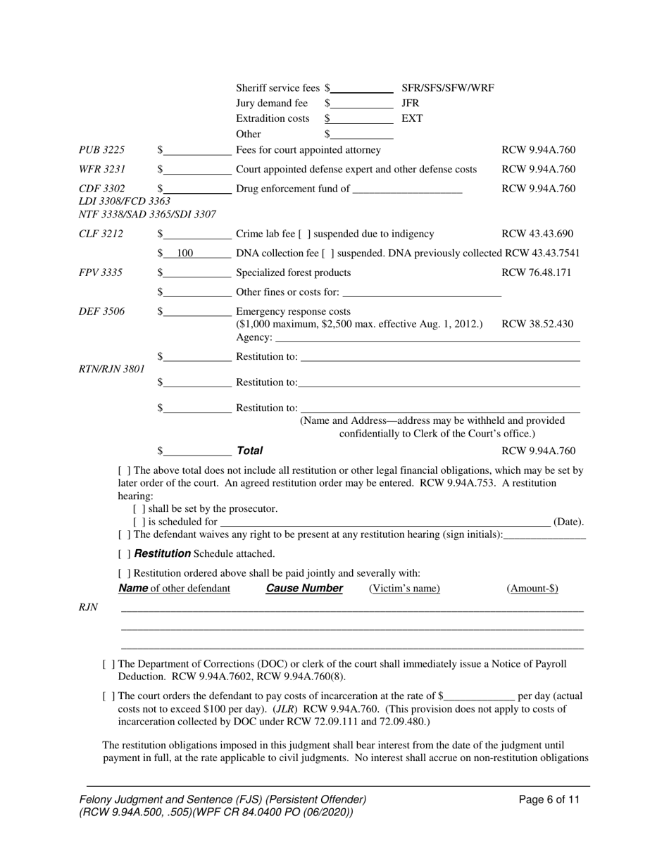 Form WPF CR84.0400 PO Felony Judgment and Sentence - Persistent Offender - Washington, Page 6