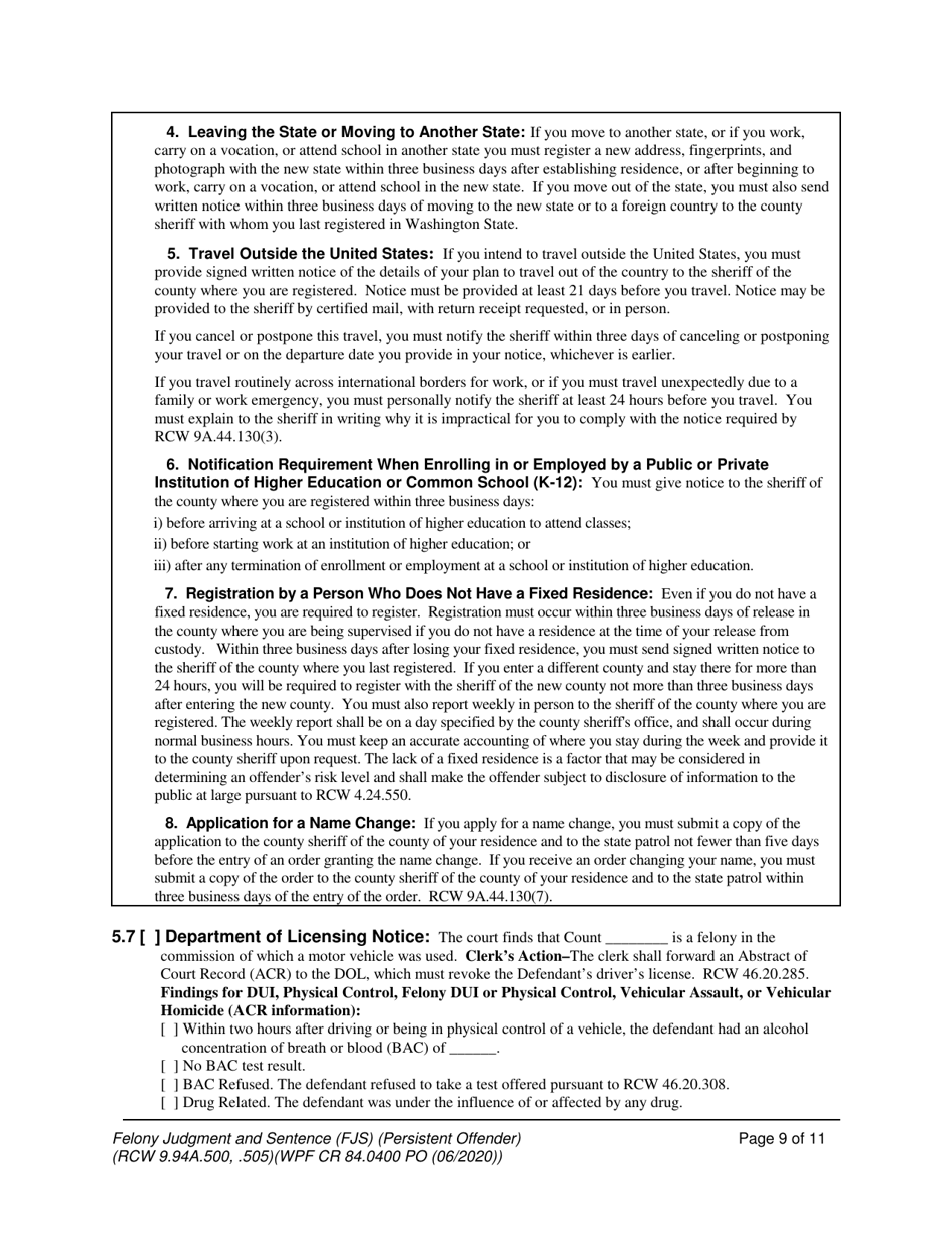 Form WPF CR84.0400 PO Felony Judgment and Sentence - Persistent Offender - Washington, Page 9