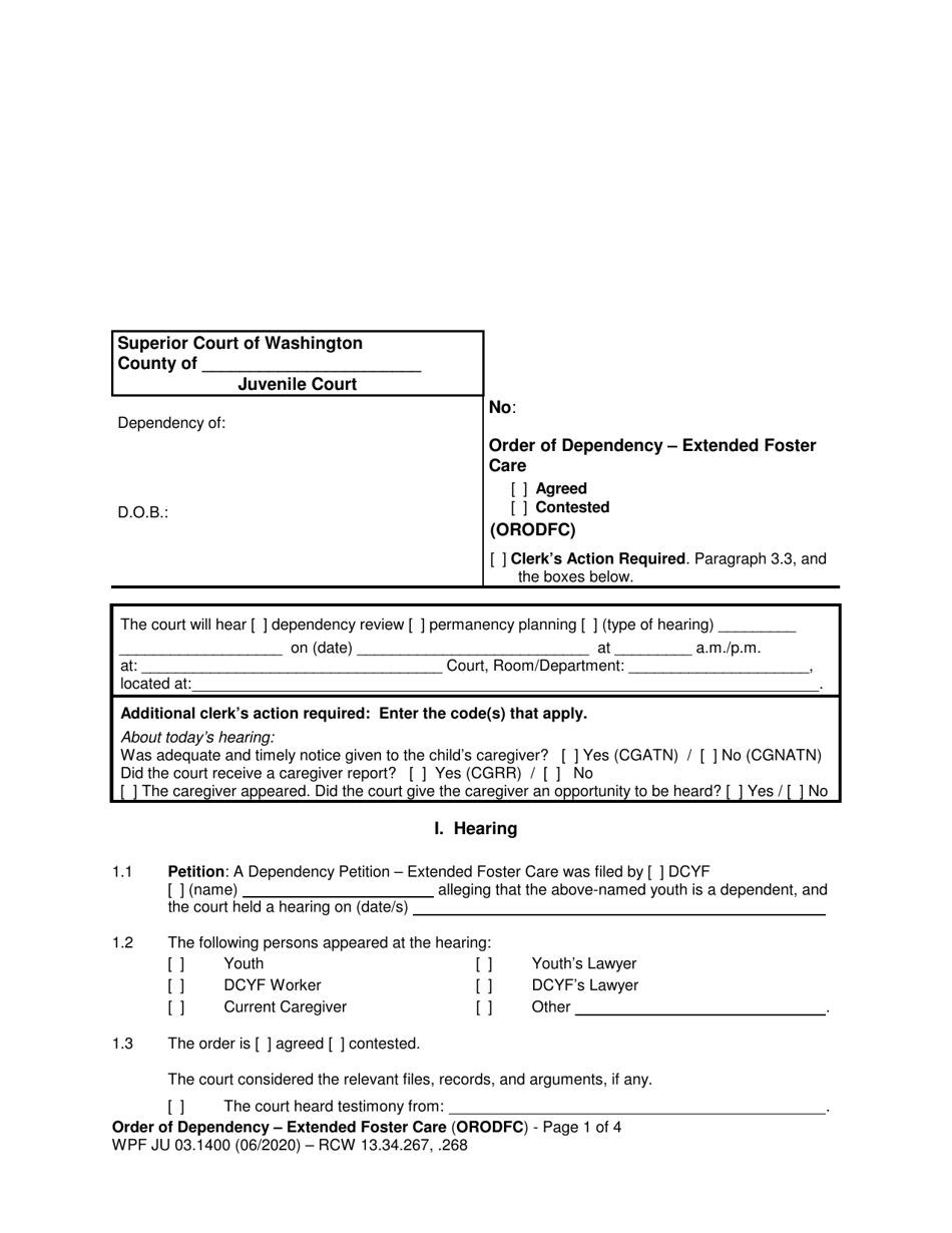 Form WPF JU03.1400 Order of Dependency - Extended Foster Care - Washington, Page 1