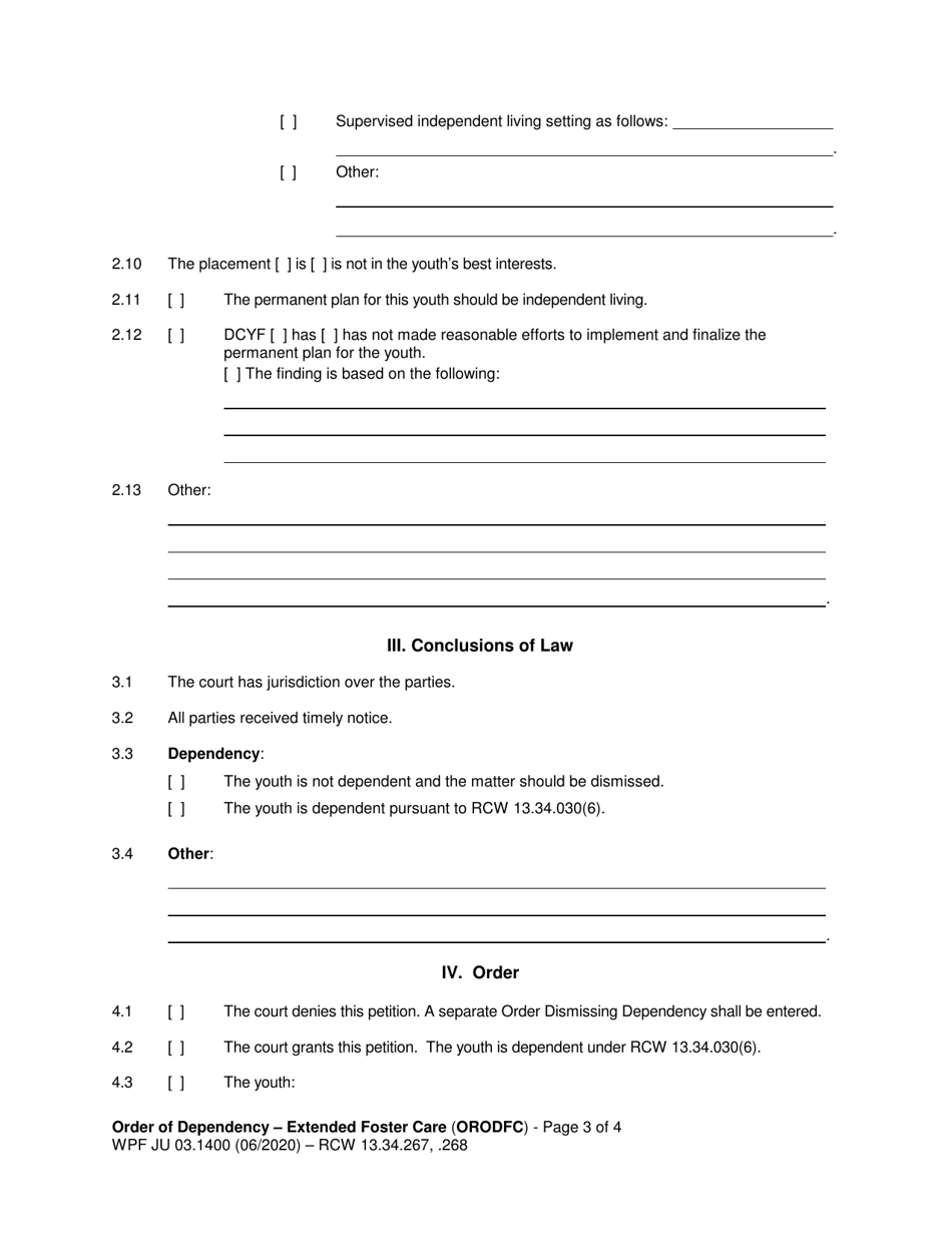 Form WPF JU03.1400 Order of Dependency - Extended Foster Care - Washington, Page 3