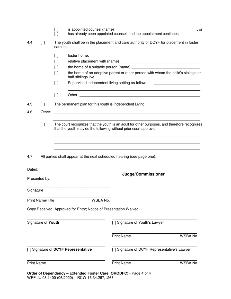 Form WPF JU03.1400 Order of Dependency - Extended Foster Care - Washington, Page 4