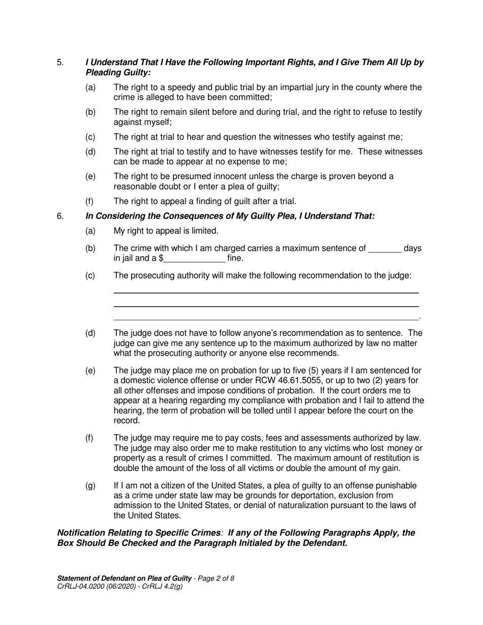 Form CrRLJ04.0200 Statement of Defendant on Plea of Guilty - Washington, Page 2