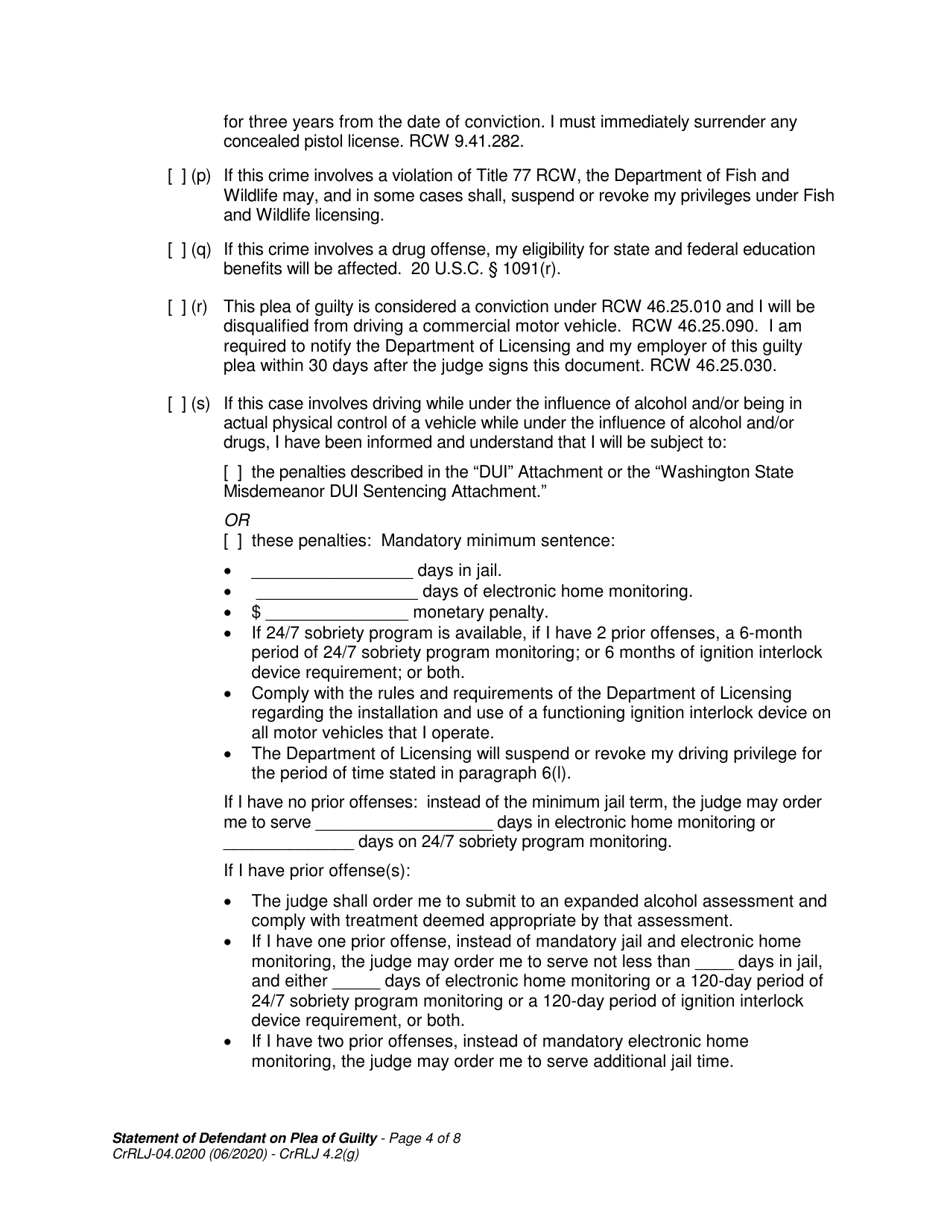 Form CrRLJ04.0200 Statement of Defendant on Plea of Guilty - Washington, Page 4