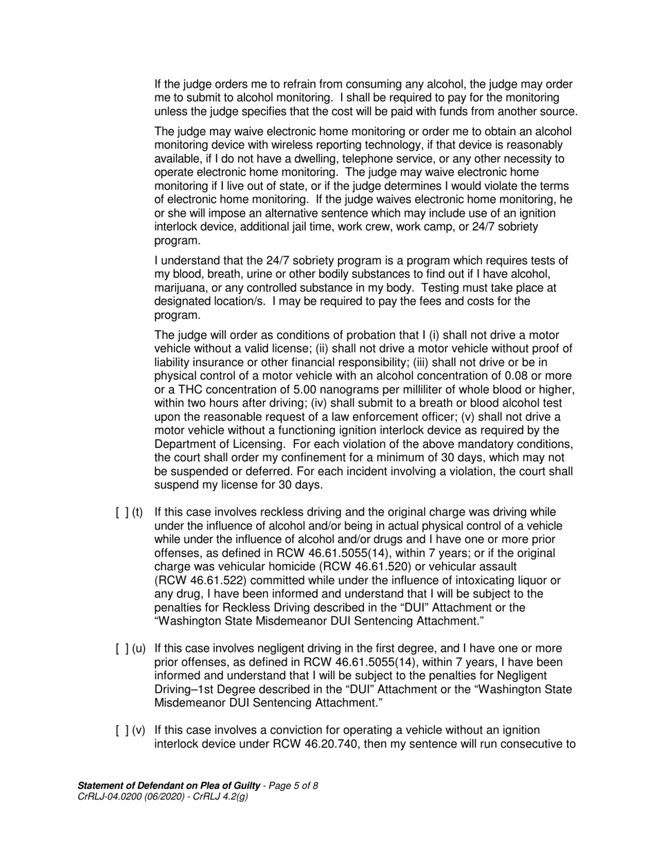Form CrRLJ04.0200 Statement of Defendant on Plea of Guilty - Washington, Page 5