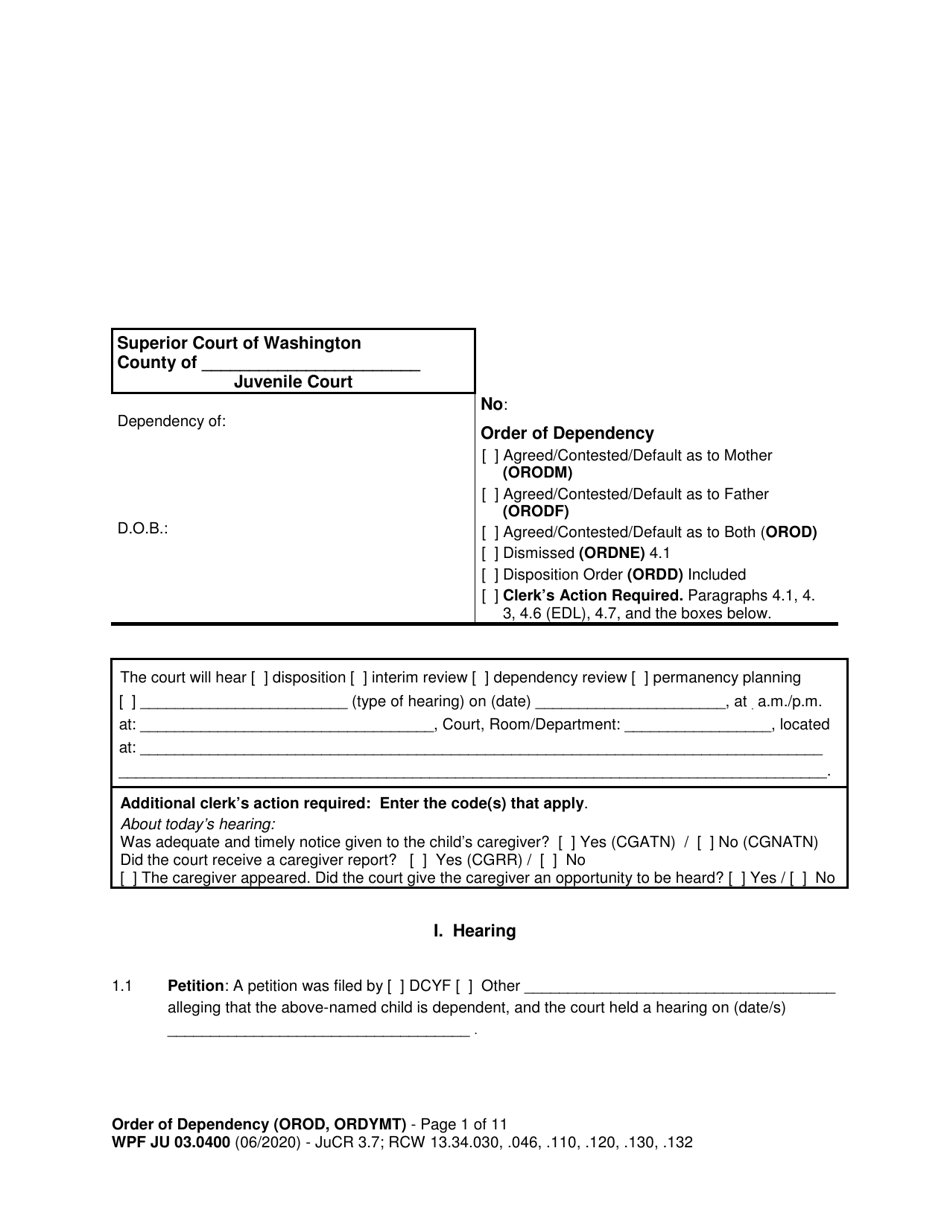 Form WPF JU03.0400 Order of Dependency - Washington, Page 1