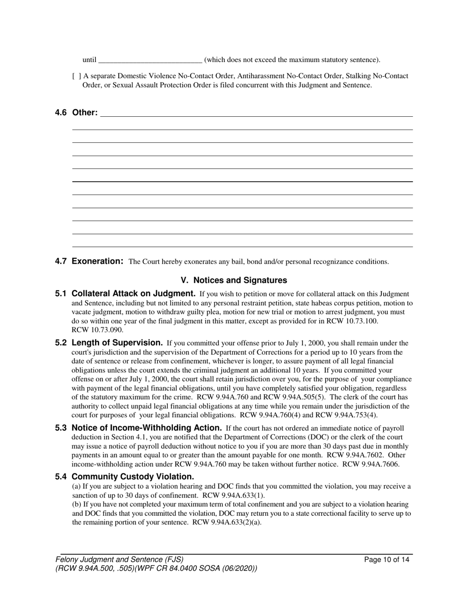 Form WPF CR84.0400 SOSA Felony Judgment and Sentence - Special Sex Offender Sentencing Alternative - Washington, Page 10