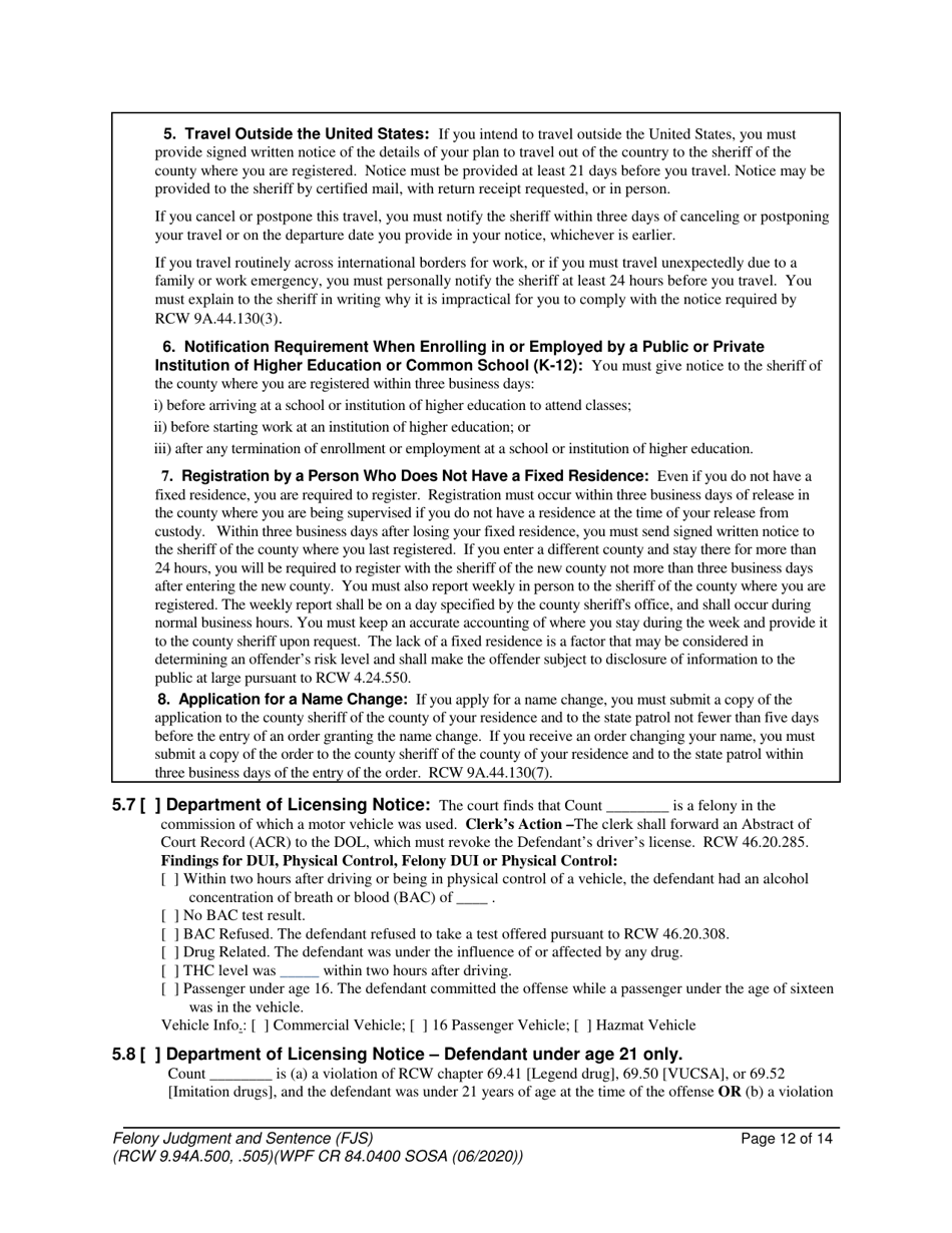 Form WPF CR84.0400 SOSA Felony Judgment and Sentence - Special Sex Offender Sentencing Alternative - Washington, Page 12