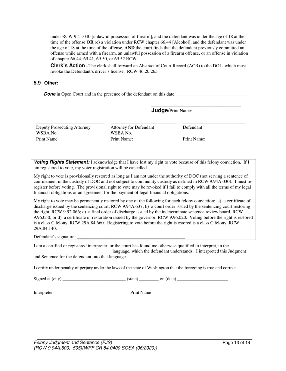 Form WPF CR84.0400 SOSA Felony Judgment and Sentence - Special Sex Offender Sentencing Alternative - Washington, Page 13