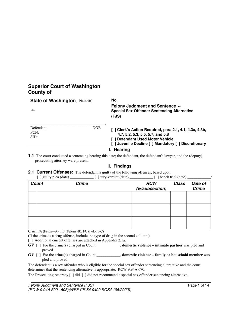 Form WPF CR84.0400 SOSA Felony Judgment and Sentence - Special Sex Offender Sentencing Alternative - Washington, Page 1