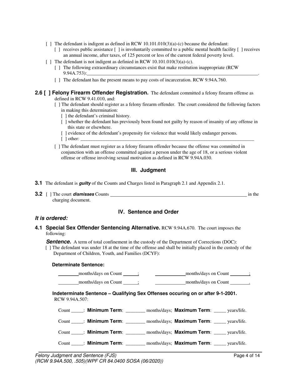 Form WPF CR84.0400 SOSA Felony Judgment and Sentence - Special Sex Offender Sentencing Alternative - Washington, Page 4