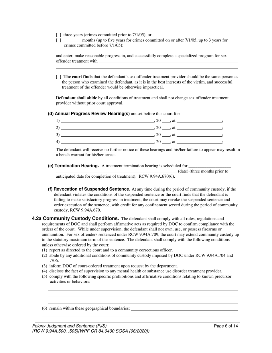 Form WPF CR84.0400 SOSA Felony Judgment and Sentence - Special Sex Offender Sentencing Alternative - Washington, Page 6