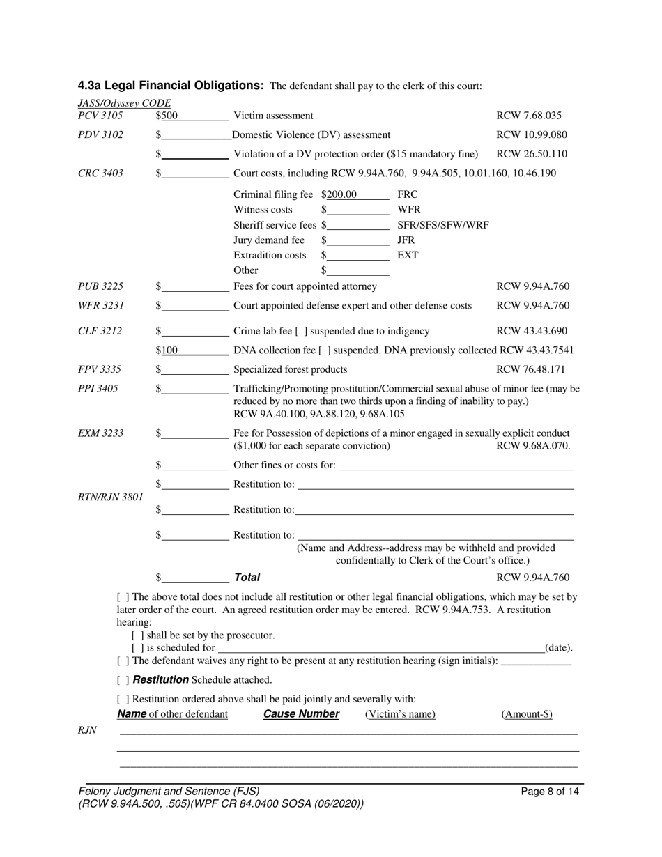 Form WPF CR84.0400 SOSA Felony Judgment and Sentence - Special Sex Offender Sentencing Alternative - Washington, Page 8