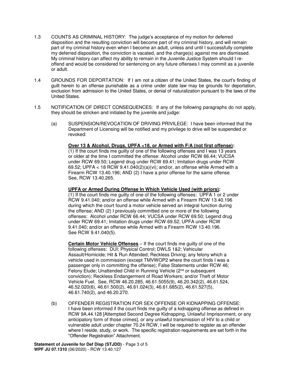 Form WPF JU07.1310 Statement of Juvenile for Deferred Disposition (Stjdd) - Washington, Page 3
