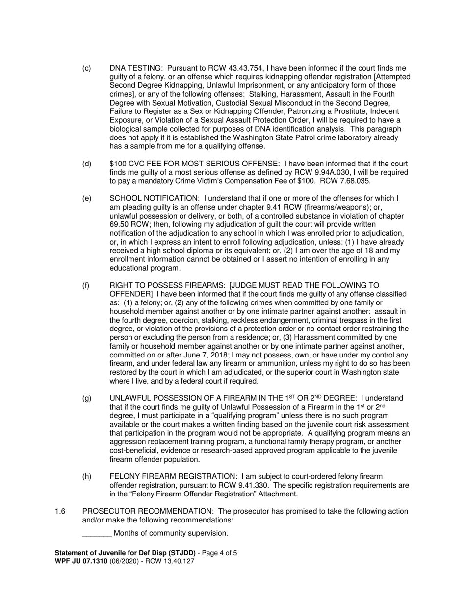 Form WPF JU07.1310 Statement of Juvenile for Deferred Disposition (Stjdd) - Washington, Page 4