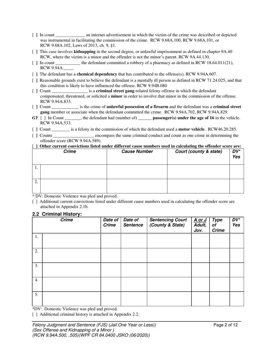 Form WPF CR84.0400 JSKO Felony Judgment and Sentence - Jail One Year or Less (Sex Offense and Kidnapping of a Minor) - Washington, Page 2