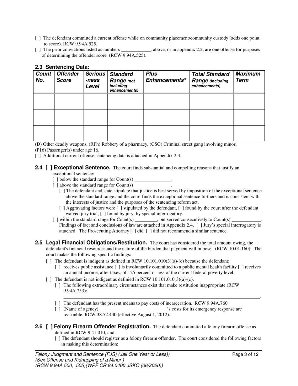 Form WPF CR84.0400 JSKO Felony Judgment and Sentence - Jail One Year or Less (Sex Offense and Kidnapping of a Minor) - Washington, Page 3