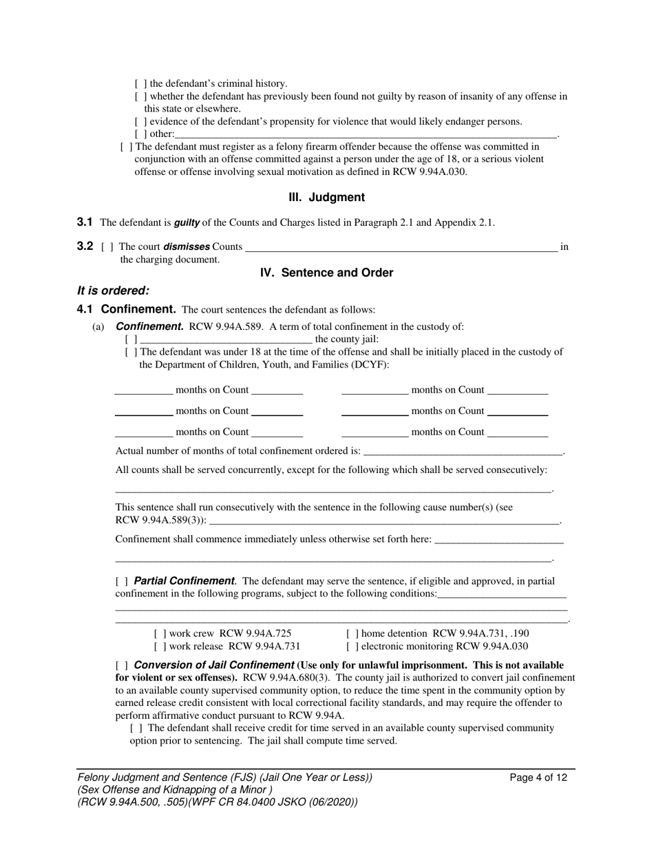 Form WPF CR84.0400 JSKO Felony Judgment and Sentence - Jail One Year or Less (Sex Offense and Kidnapping of a Minor) - Washington, Page 4