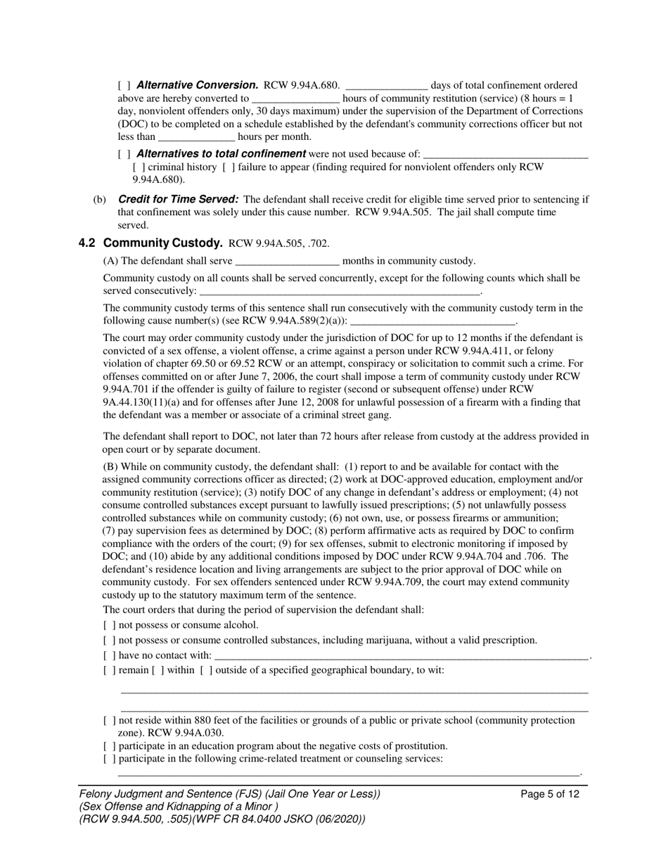 Form WPF CR84.0400 JSKO Felony Judgment and Sentence - Jail One Year or Less (Sex Offense and Kidnapping of a Minor) - Washington, Page 5