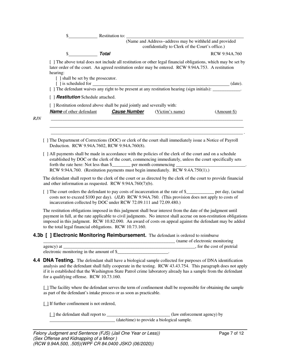Form WPF CR84.0400 JSKO Felony Judgment and Sentence - Jail One Year or Less (Sex Offense and Kidnapping of a Minor) - Washington, Page 7