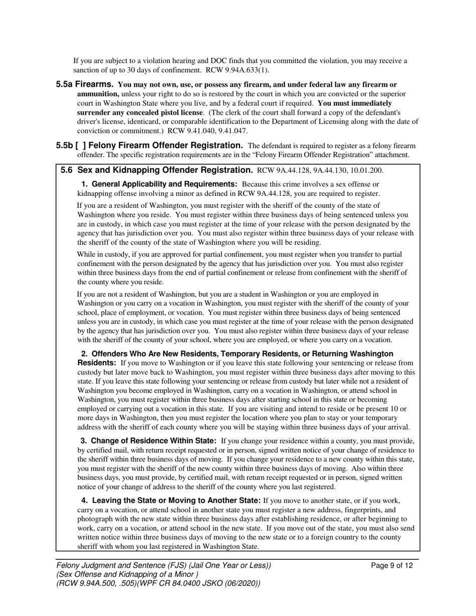 Form WPF CR84.0400 JSKO Felony Judgment and Sentence - Jail One Year or Less (Sex Offense and Kidnapping of a Minor) - Washington, Page 9