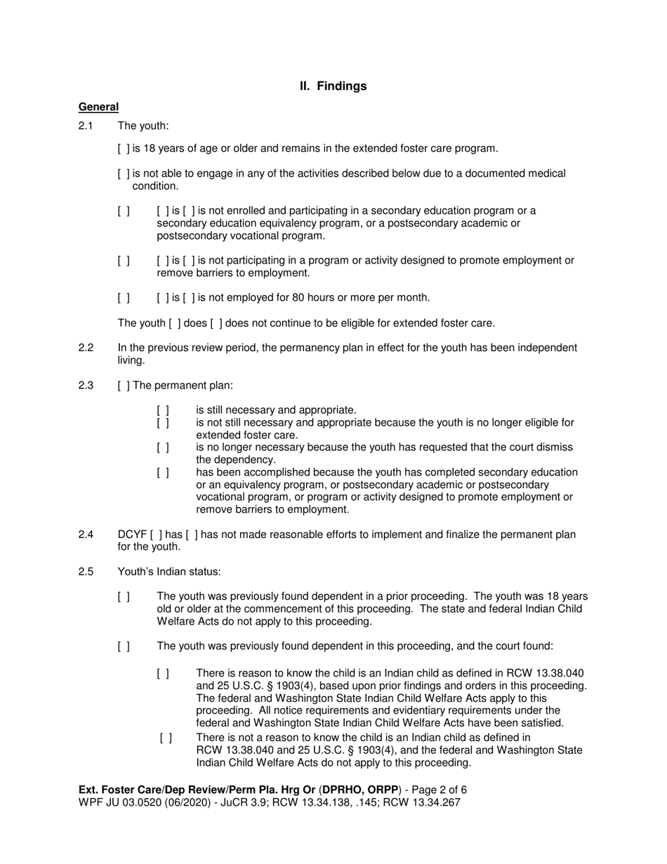 Form WPF JU03.0520 Extended Foster Care / Dependency Review Hearing Order (Dprho) / Permanency Planning Hearing Order (Orpp) - Washington, Page 2